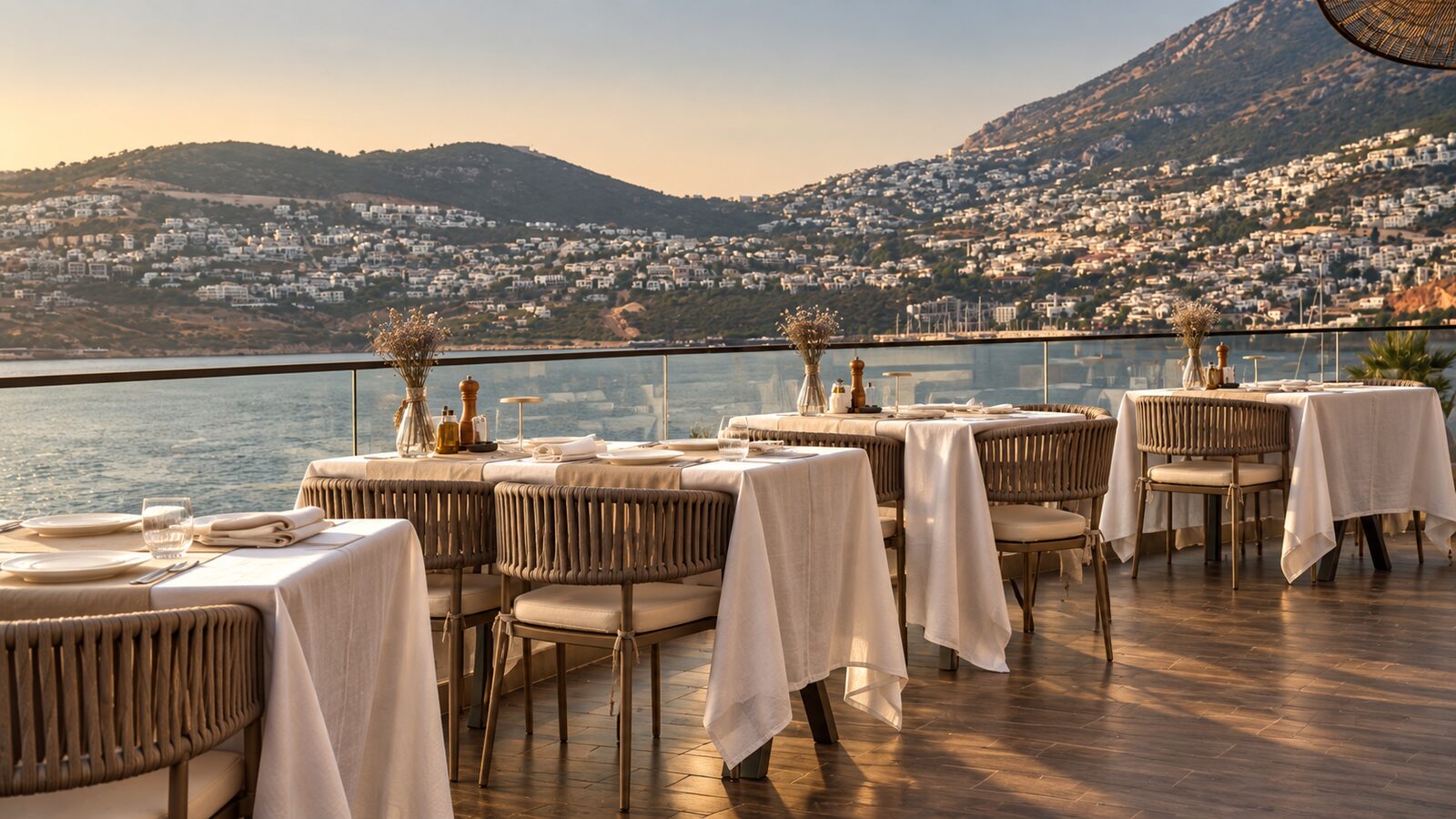 Gün batımında denize bakan restoran terası